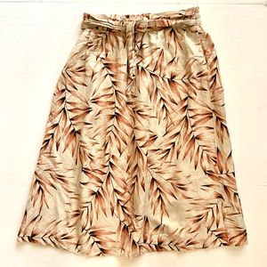 Ann Taylor Linen Midi Skirt Medium Beige Pink Palm Leaf Print Tie Bow Beach Boho